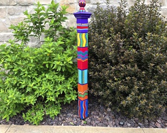 Handcrafted Garden Totem, Jewel Color Scheme, 54" Tall Wood Art Pole