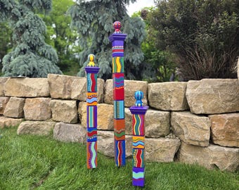 Handcrafted Garden Totems, Set of 3-S,M,L- Jewel Color Scheme, Decorative Landscaping Pole