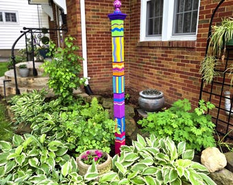 X-Large Garden Totem, 66" Tall, Bright Jewel Color Scheme, Handcrafted Art Pole