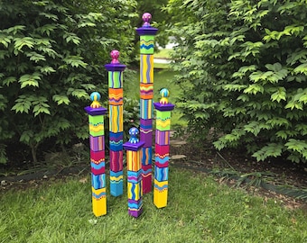 Handcrafted Garden Totems, Set of 5, Bright Colors, Handcrafted Art Poles
