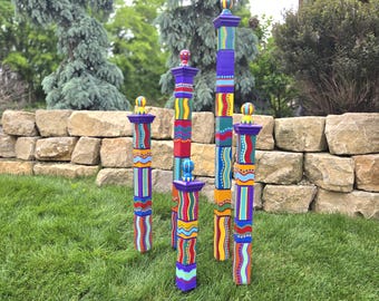 Handcrafted Garden Totems, Set of 5, Jewel Colors, Handcrafted Art Poles