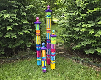 Handcrafted Garden Totems, Set of 4, Bright Color Scheme, Wood Yard Decor