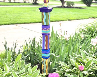 Handcrafted Garden Totem, 42" Earthy Tones, Decorative Yard Art Pole