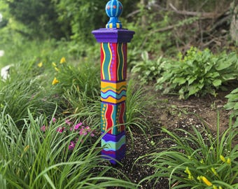 Handcrafted Garden Totem, Small 30" Jewel Color Scheme, Wood Yard Decor