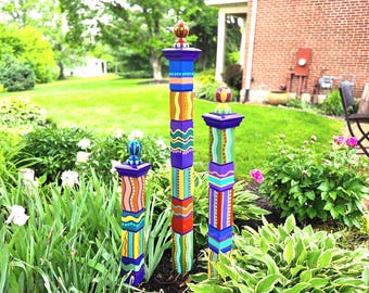 Handcrafted Garden Totems Set of 3-S, M, L- Earthy Color Scheme, Wood Yard Decor