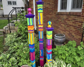 Handcrafted Garden Totems, Set of 3-M, L, XL- Bright Color Scheme, Wood Yard Decor