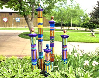 Handcrafted Garden Totems, Set of 5 Earthy Colors, Decorative Landscaping Poles