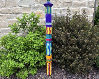 XL Garden Totem, 66" Tall, Jewel Color Scheme, Handcrafted Wood Yard Decor