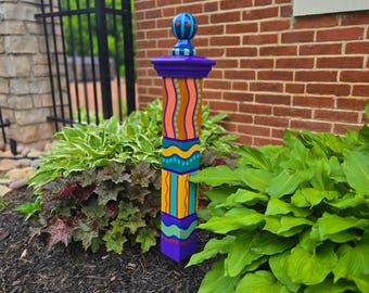 Handcrafted Garden Totem, Earthy Color Scheme, 30 Inch Tall Wood Art