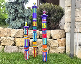 Handcrafted Garden Totems, Set of 3-M, L, XL- Jewel Color Scheme, Wood Yard Decor
