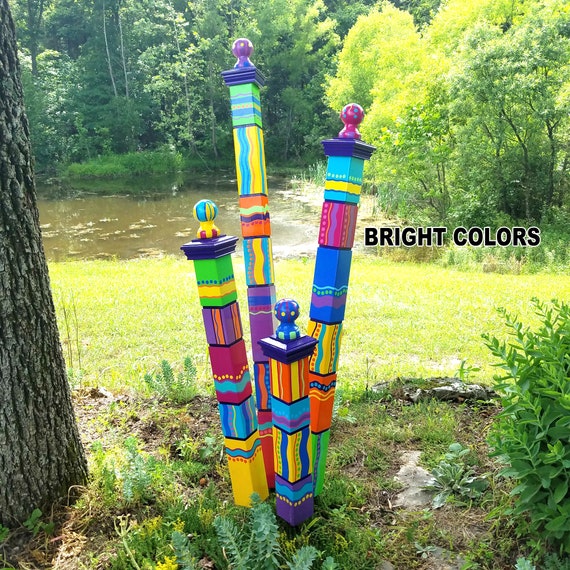 Colorful Garden Art Totem: Hand Painted Wood Garden Stake, Whimsical Outdoor Decor