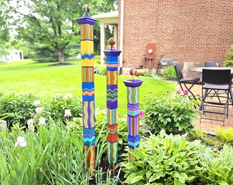 Handcrafted Garden Totems, Set of 3-M, L, XL- Earthy Color Scheme, Wood Yard Decor