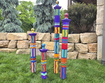 Handcrafted Garden Totems, Set of 4, Jewel Color Scheme, Wood Yard Decor