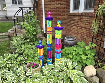 Handcrafted Garden Totems, Set of 3-S,M,L- Bright Color Scheme, Decorative Landscaping Pole