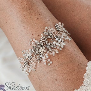 GWS01 Silver Crystal Beaded Floral Wedding Garter Set, Beaded Crystal Bridal Garter, Boho Wedding Garter Set, Silver Bride's Garter Set image 1