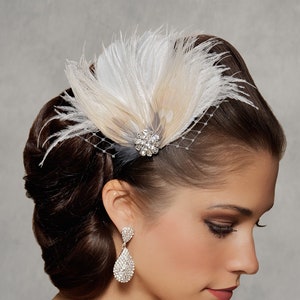 HLF04 Ivory Feather Bridal Hair Clip, Feather Fascinator, Vintage Style Feather Wedding Hair Clip, Rhinestone Accent, Birdcage Veil Option