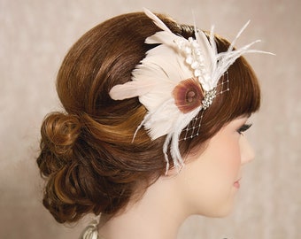 HLF03 Ivory Blush Feather Hair Clip, Art Deco Feather Fascinator, Vintage Wedding Feather Hair Clip w/ Birdcage Veil option - the IDA Design