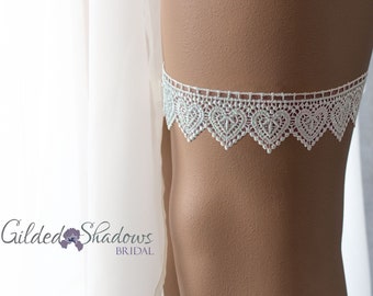 GL25 - White or Ivory Heart Lace Bridal Garter, Sleek Wedding Garter, Dainty White Lace Garter, Comfortable Bride's Garter, Non-slip Garter