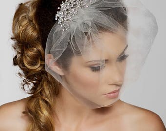 Short Birdcage Veil Blusher Veil With Crystals Face Wedding Etsy