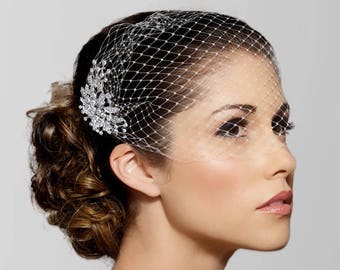 Birdcage Veil, Bridal Veil, Bridal Comb, Bandeau Birdcage Veil, Blusher Bird Cage Veil, Detachable Rhinestone Hair Comb, crystal veil