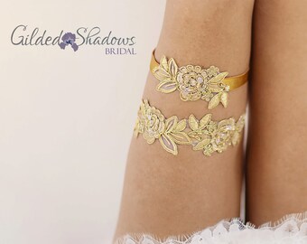 GL08 - Wedding Gold Lace Garter Set, Non slip Gold Bridal Garter Set, Gold Wedding Garter Set, Bridal Lace Garter, Vintage Inspired Garter