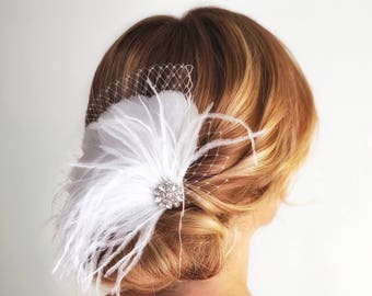 HLF01 Ivory Feather Fascinator, Feather Bridal Hair Clip, Vintage Style Feather Wedding Hair Clip, Rhinestone Accent, Birdcage Veil Option