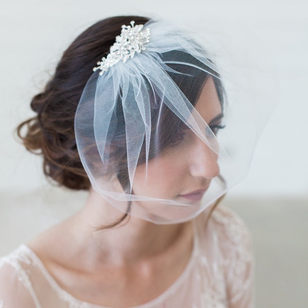 VGTS01 Top Gathered Tulle Blusher Birdcage Veil, Silver Crystal Comb Birdcage Veil, Birdcage Wedding Veil, Tulle Bridal Blusher Veil