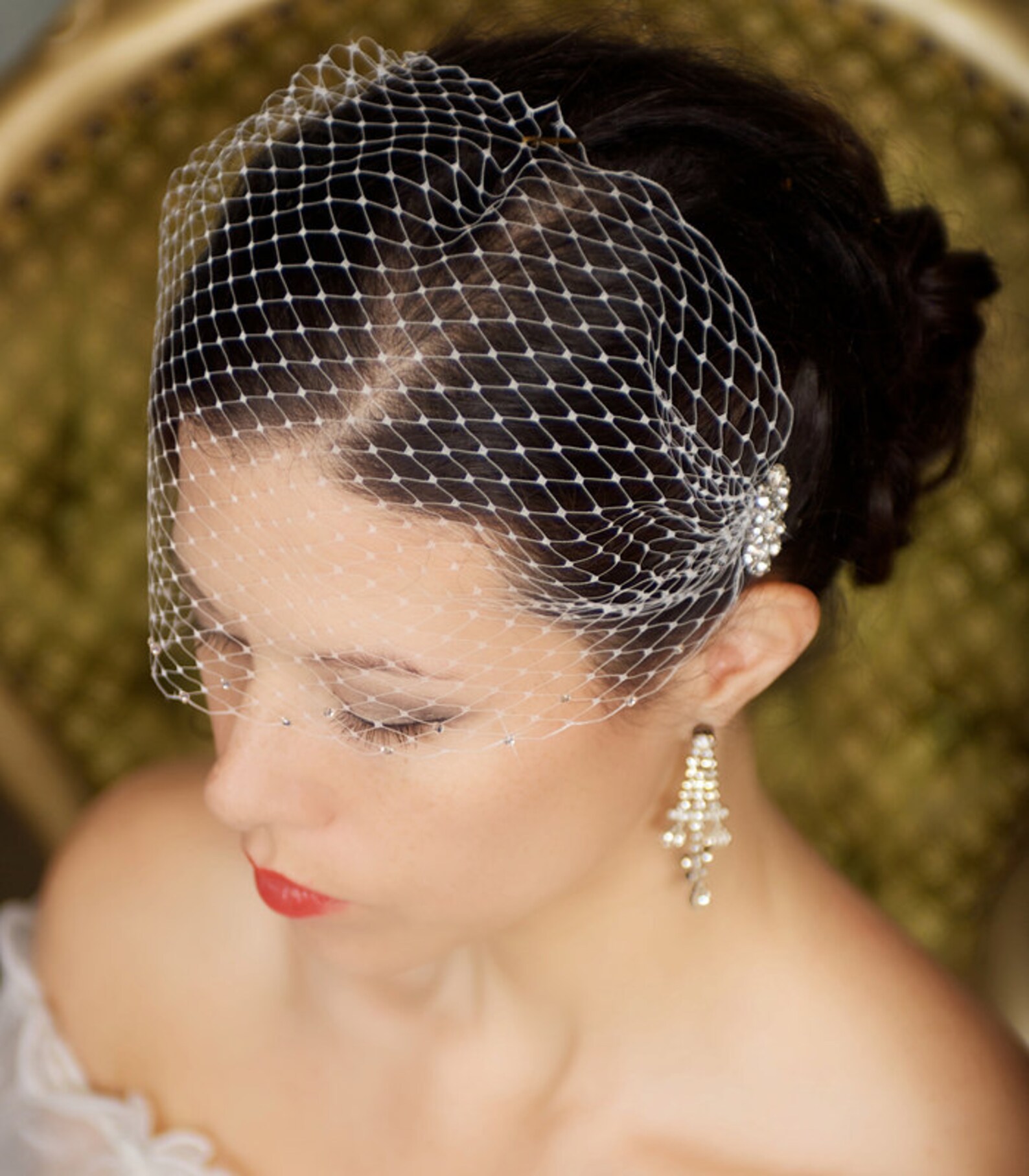Birdcage Veil with Crystal combs and rhinestone edge Bandeau Etsy