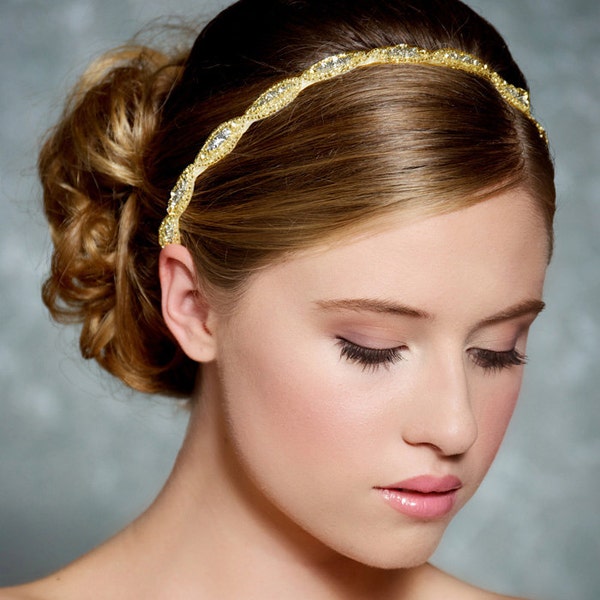 Gold Beaded Rhinestone Headband Crystal Bridal headband Jewel Headpiece - Made to Order - STEFANIE GOLD