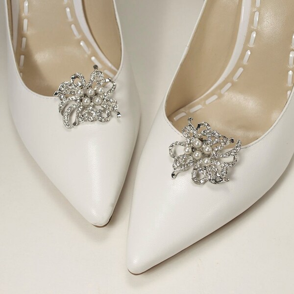 bridal shoe clips, wedding shoe clips, crystal shoe clips, pearl shoe clips, shoe embellishments, bridesmaid shoes - ready to ship -MAGGIE