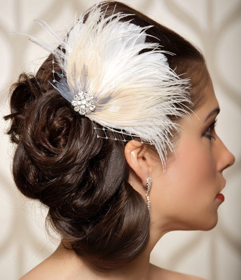 HLF04 Ivory Feather Bridal Hair Clip, Feather Fascinator, Vintage Style Feather Wedding Hair Clip, Rhinestone Accent, Birdcage Veil Option image 3