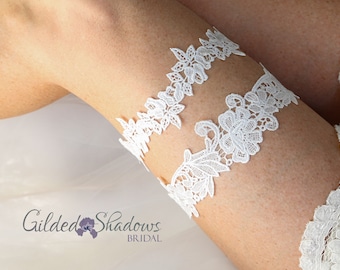 GL03 - White Lace Wedding Garter Set, Floral Garter set, Lace Garter Set, Bridal Garter Set, Fits Leg Size 18-20 Inches, READY TO SHIP