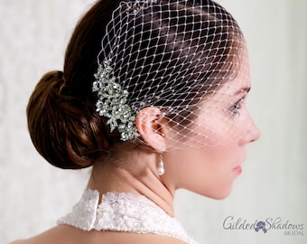 VBNS02 Bandeau Birdcage Wedding Veil, Silver Crystal Hair Comb, Bandeau Birdcage Veil, Blusher Bird Cage Veil, French Netting Blusher Veil