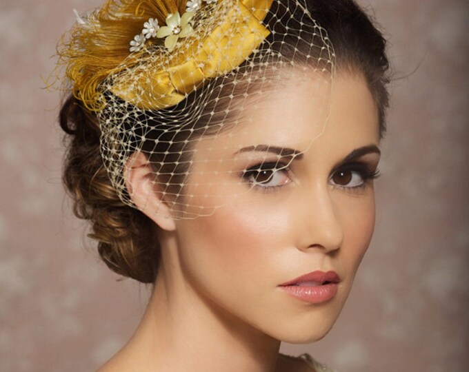 Mustard Yellow Bridal Hat, Bridal Head Piece, Fascinator, Vintage
