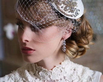 Custom Order for Ellie-Mae Crystal Bridal Fascinator with Birdcage Veil Option, *Different Jewel Pattern*