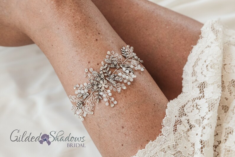 GWS01 Silver Crystal Beaded Floral Wedding Garter Set, Beaded Crystal Bridal Garter, Boho Wedding Garter Set, Silver Bride's Garter Set image 1