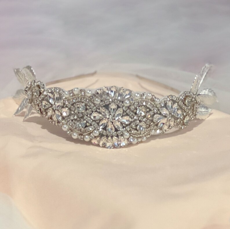 VCTS03 Art Deco Rhinestone Headband, Juliet Cap Veil, Cap Veil, Tulle Veil, Rhinestones Crystal Veil, Art Deco Veil, Silver Crown Cap Veil image 3