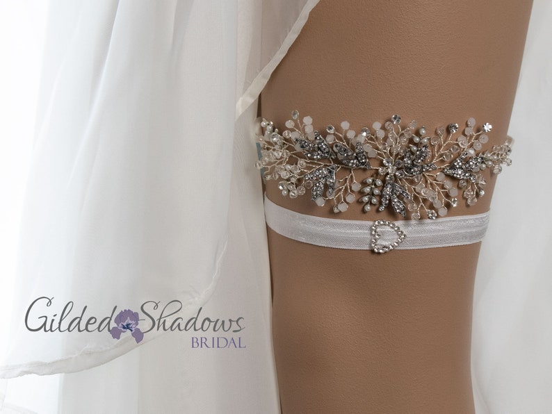 GWS01 Silver Crystal Beaded Floral Wedding Garter Set, Beaded Crystal Bridal Garter, Boho Wedding Garter Set, Silver Bride's Garter Set image 2