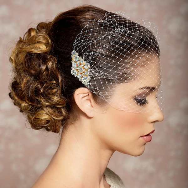 VBNG01 Birdcage Wedding Veil, Gold Crystal Hair Comb, Bandeau Birdcage Veil, Blusher Bird Cage Veil, Blusher Veil
