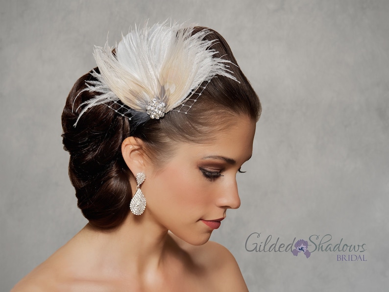 HLF04 Ivory Feather Bridal Hair Clip, Feather Fascinator, Vintage Style Feather Wedding Hair Clip, Rhinestone Accent, Birdcage Veil Option image 1