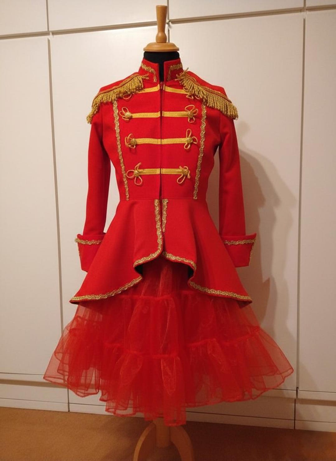 Womens Red Ringmaster Costume Jacket, Gold Fringe Tailcoat, Showgirl ...