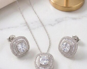 18k Silver Plated Cushion Cut CZ Halo Necklace Earring Set | Bridal Wedding Jewelry