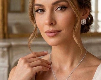 18k verzilverde kussengeslepen CZ halo ketting oorbellen set | Bruidshuwelijkssieraden