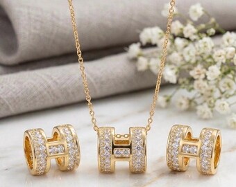 18k Gold Plated H-Shape Pendant Necklace and Earrings Set | Pave CZ Geometric Barrel Jewelry