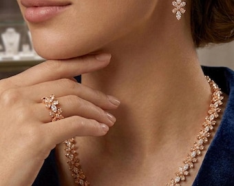 Handgemaakte gouden sieradenset met zirkonia, 4-delige ketting, armband, oorbellen, ring