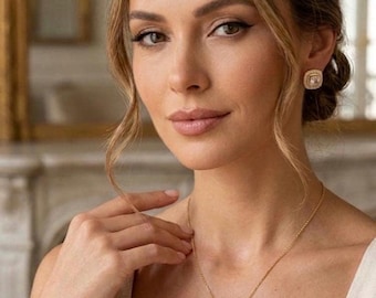 18k vergulde kussengeslepen CZ halo ketting oorbellen set | Bruidshuwelijkssieraden