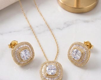 18k Gold Plated Cushion Cut CZ Halo Necklace Earring Set | Bridal Wedding Jewelry