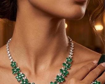 Zilver met smaragdgroene edelstenen zirkonia bruidssieraden kettingset - 4-delige set