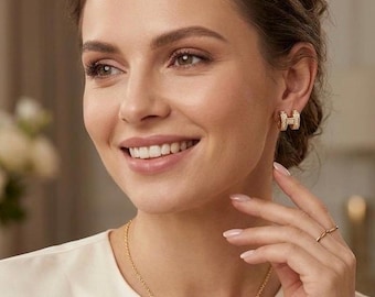 Set 18k vergulde H-vormige hanger ketting en oorbellen | Pave CZ geometrische vatsieraden