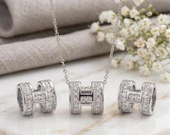 Set 18k vergulde H-vormige hanger ketting en oorbellen | Pave CZ geometrische vatsieraden